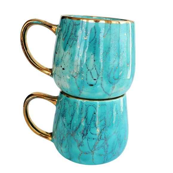 Kitsch Mugs 60s Vintage Ceramic Mom & Pop Rooster Hen Cups Turquoise Gold 24 oz - Picture 5 of 11